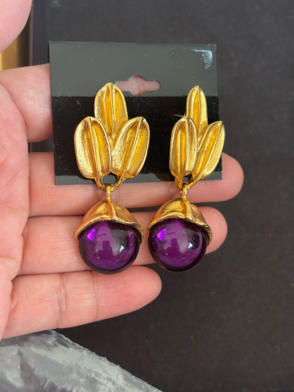 Gold Leaf Drop Earrings with Purple Orb